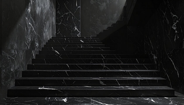 Dark staircase with black marble steps and walls
