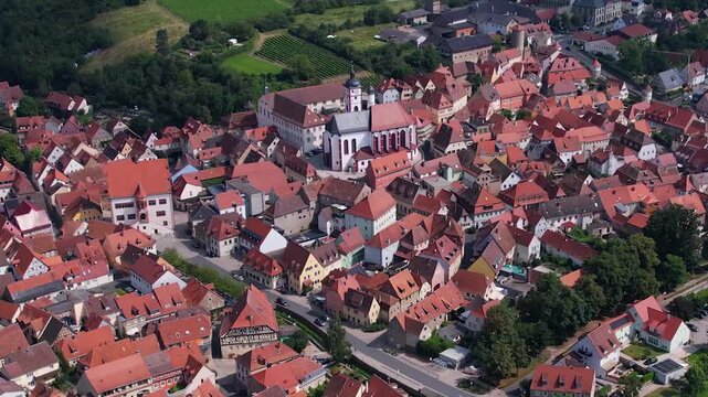  An Aerial view around the old town beside the city Dettelbach in south Germany on a sunny spring day
