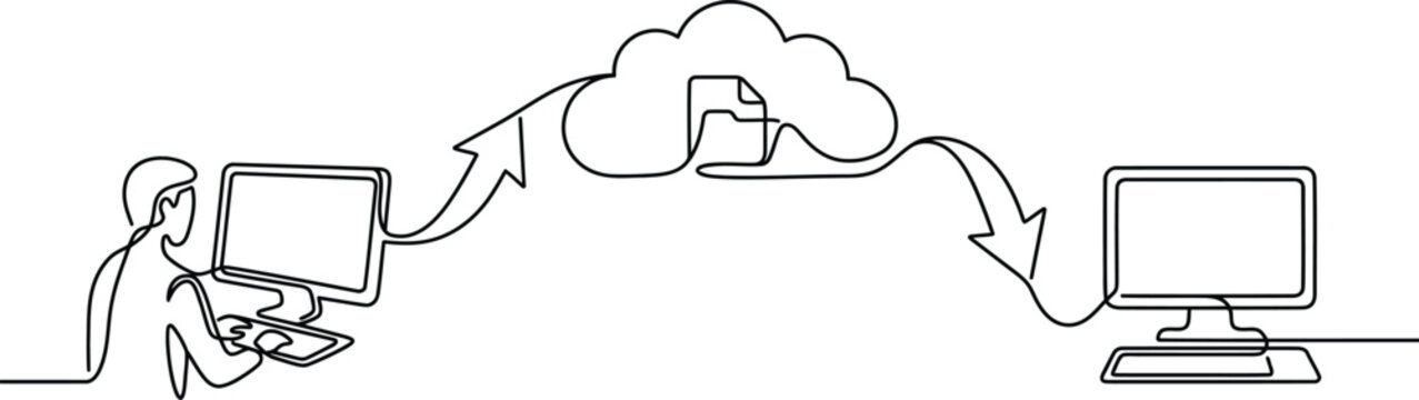Continuous line drawing of data synchronization and cloud computing.