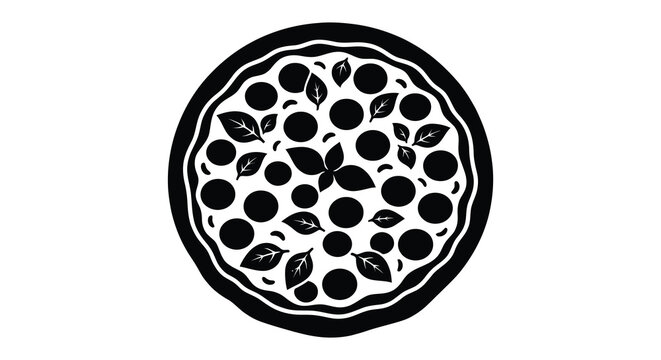 pizza with toppings silhouette food black white circle leaves dots