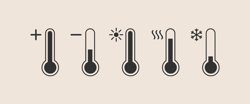 Simple thermometer icons show temperature changes. Each symbol represents a different condition or setting. Plus and minus denote rising or falling values
