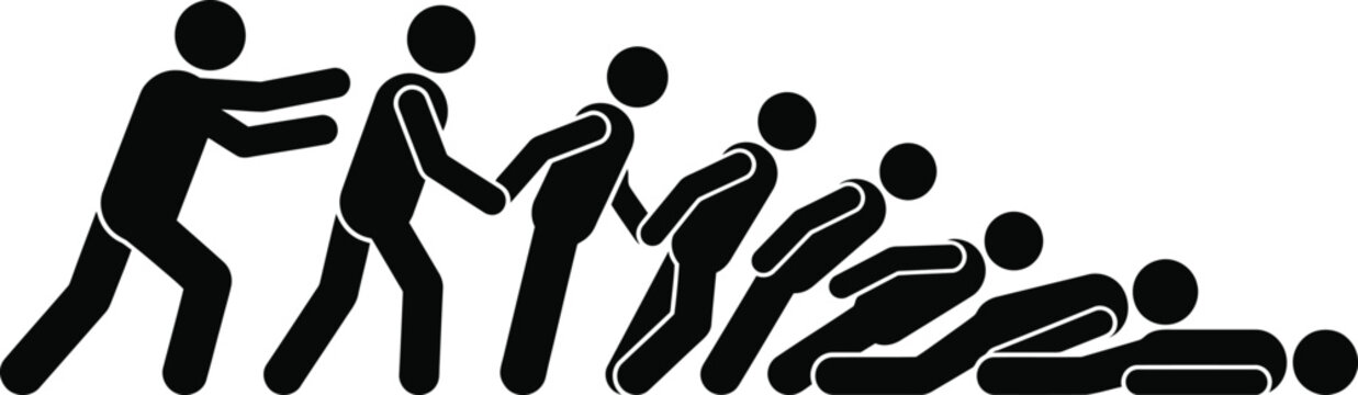 Domino effect concept showing stick figures falling in a chain reaction.