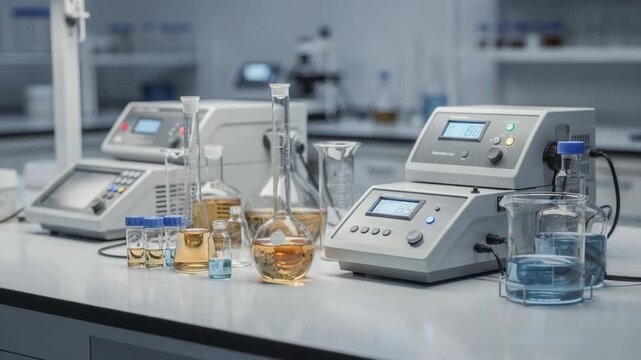 Close medium view of a quality control lab bench displaying advanced digital meters and assorted glass vessels used for analyzing sample viscosities and flash points