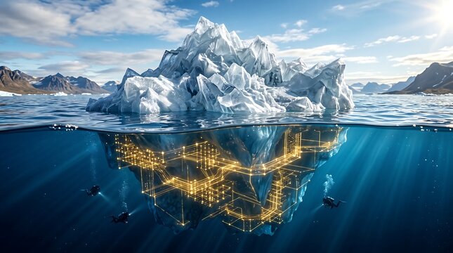 A large iceberg floats above a glowing underwater cityscape with scuba divers in the ocean