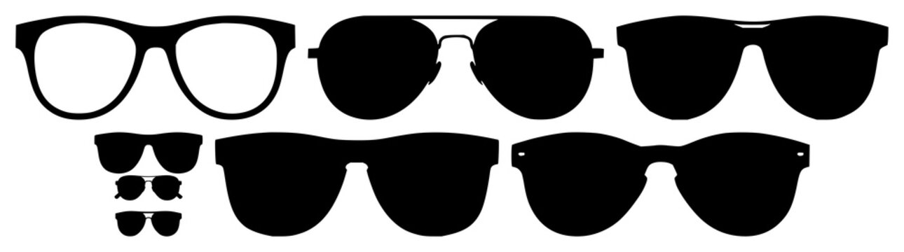 Sunglasses set with various modern and classic shapes featuring eyewear, shades, glasses with glares and reflections