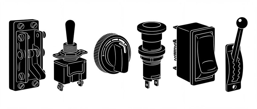 Electrical switch vector icons set featuring toggle push button rocker rotary lever and knife switches for industrial power control engineering mechanical schematics black white graphic symbol design.