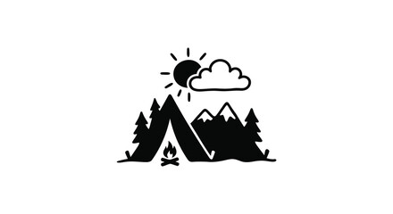 campsite scene with tent mountains trees and sun silhouette cloud © MdGolam