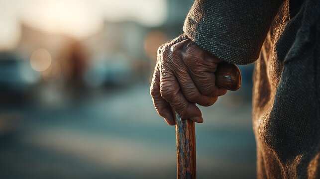 Close up of aged hand holding walking stick with warm sunlight, cinematic depth of field and dignified elderly concept