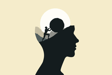 Sisyphus Struggle with Hard Work, Progress and Victory Concept Illustration © Snezana