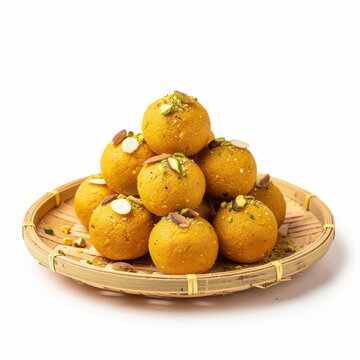 Besan Laddu on Bamboo Plate Isolated on White Background Square Composition Studio Shot