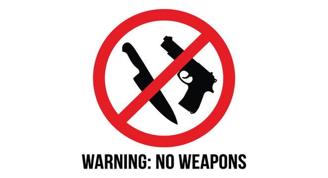 no weapons warning sign with gun and knife silhouette prohibition