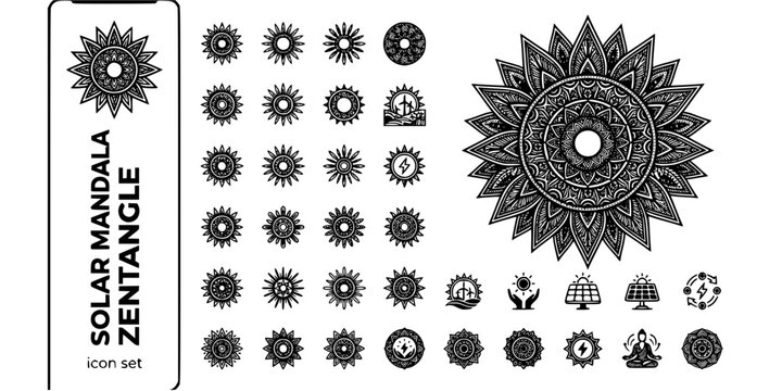 Solar Mandala Zentangle Black White-Ray Pattern Photon Circle Ornate-Energy Art Vector-Solar Icon Zentangle-Clean Energy Design Set