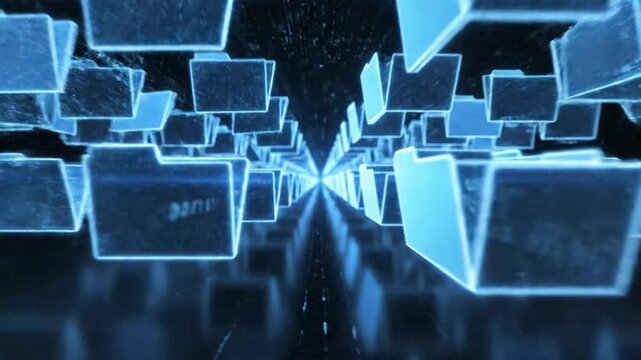 Abstract 3D visualization of digital folders in blue light.