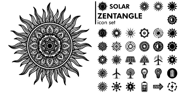Solar Mandala Zentangle Black White-Ray Pattern Photon Circle Ornate-Energy Art Vector-Solar Icon Zentangle-Clean Energy Design Set