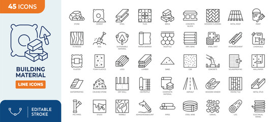 Fototapeta na wymiar Building Materials icon set. Editable stroke. Vector illustration