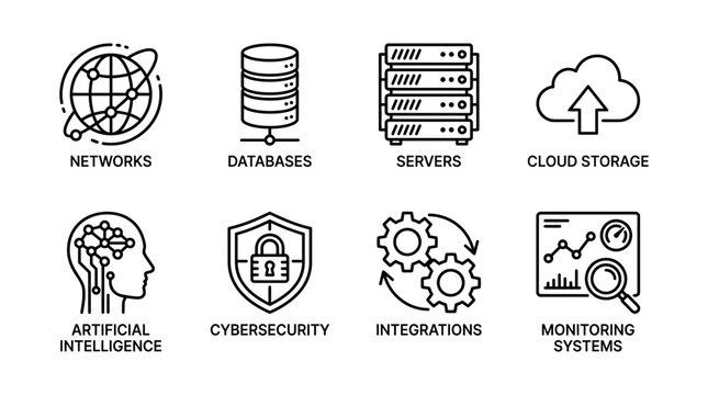 Collection of modern technology icons representing network, databases, servers, and cloud storage for digital applications