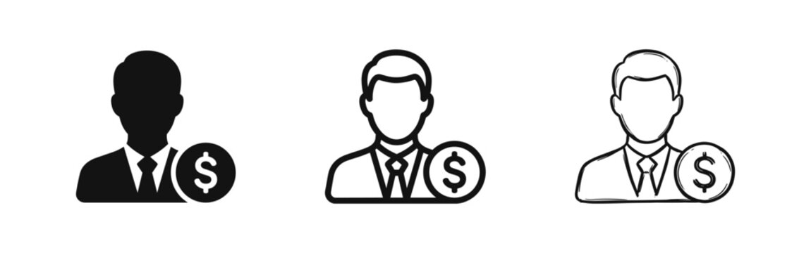 Financial Advisor Icon Set, Investor Wealth Management and Business Person with Money Symbol