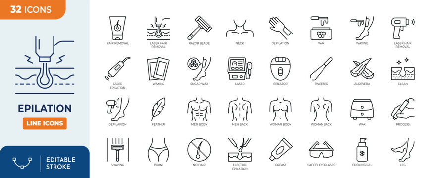 epilation icon set. Contain icons related to epilation, hair removal, shaving, beauty, treatment, grooming, and more. editable stroke. Vector illustration