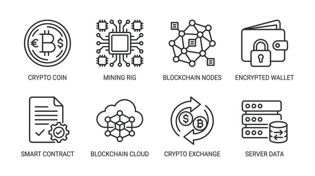 Collection of digital cryptocurrency and blockchain technology vector graphic icons