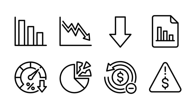 A collection of simple line art vector icons representing financial decline and negative economic indicators