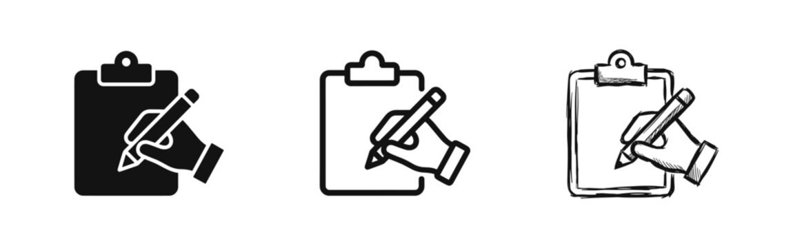 Clipboard and Writing Hand Icon Set for Registration, Audit, and Note Taking