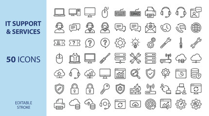 IT Support and Services icon set, 50 professional line icons for computer repair and tech help, editable stroke vector graphics for web and app design © Iconify Studio