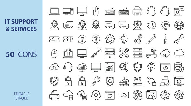 IT Support and Services icon set, 50 professional line icons for computer repair and tech help, editable stroke vector graphics for web and app design