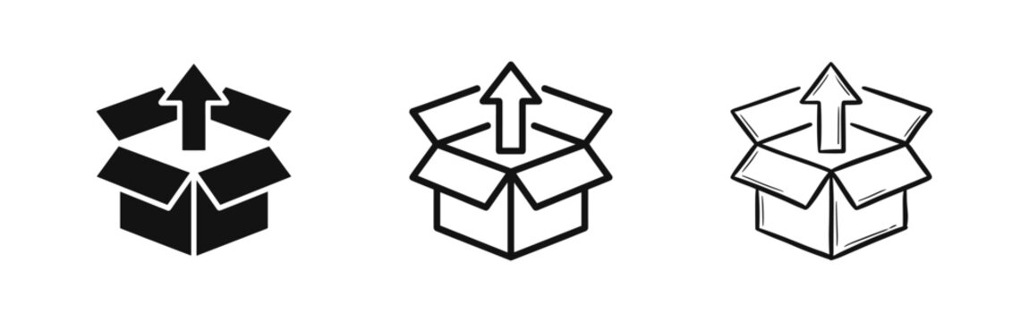 Open Box Unboxing Icon with Arrow Up Set in Flat Outline and Sketch Styles