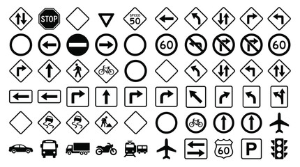 Minimalist road signs vector collection, black and white traffic signal icons set, regulatory street symbols and transportation highway signage © Iconify Studio