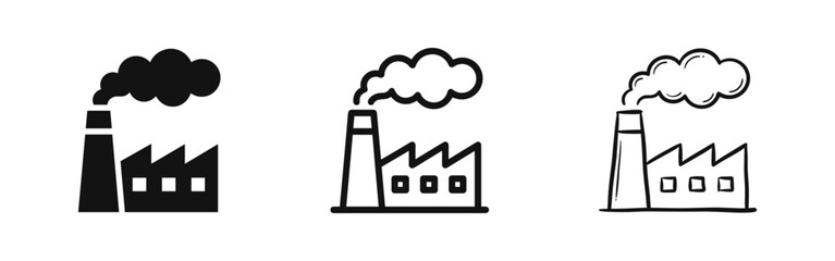 Fototapeta premium Industrial Factory Icon Set with Smoke Pollution and Carbon Emissions