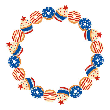 Patriotic circular wreath with American flag donuts and cupcakes featuring stars and stripes. Illustrated round frame for USA Independence Day, Fourth of July and national holidays.