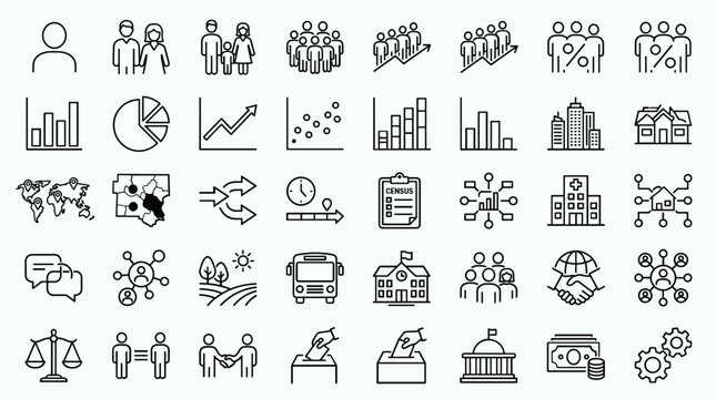 Demographic and census line icons, 40 vector elements for social statistics and population data, black outline business and society symbols