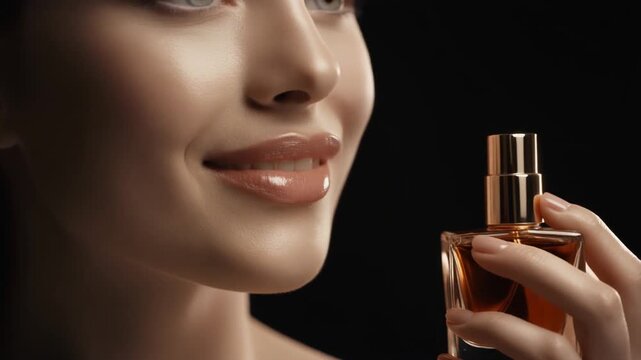Close-up of a Beautiful Woman Smiling Alluringly While Holding a Luxury Perfume Bottle, Cinematic Full HD Beauty Commercial Background