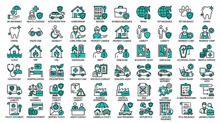 Naklejka premium Insurance icon set with 60 vector line symbols. Professional teal and black insurance icons for health, life, auto, and business coverage.