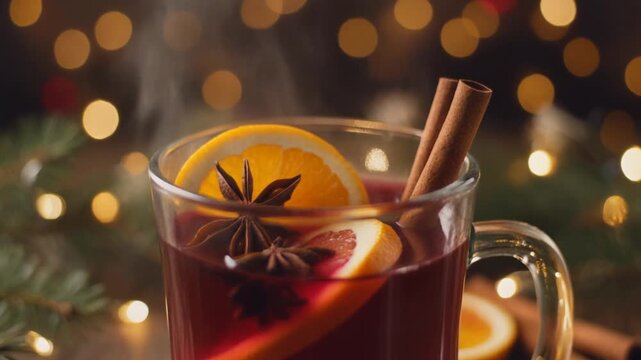 Seamless Loop of Steaming Mulled Wine in a Glass Mug with Orange Slices, Cinnamon, and Star Anise, Festive Holiday Background Video Footage Full HD