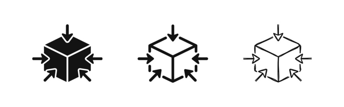 3D Cube with Inward Arrows Icon Set Representing Compression and Centralization in Three Styles