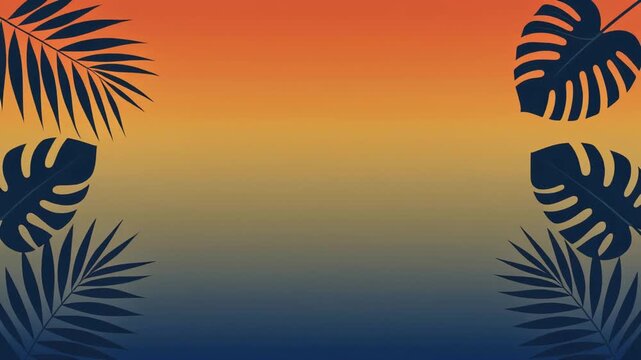 Seamless Loop of Animated Tropical Palm and Monstera Leaves Silhouettes on Vibrant Sunset Gradient Background, Full HD Summer Motion Graphic Footage for Vacation and Travel