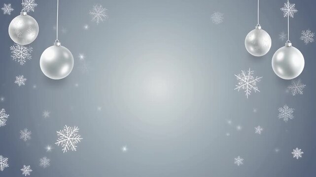 Elegant Seamless Loop of Silver Christmas Baubles and Gently Falling Snowflakes on a Grey Background, Festive Winter Holiday Motion Graphic Full HD