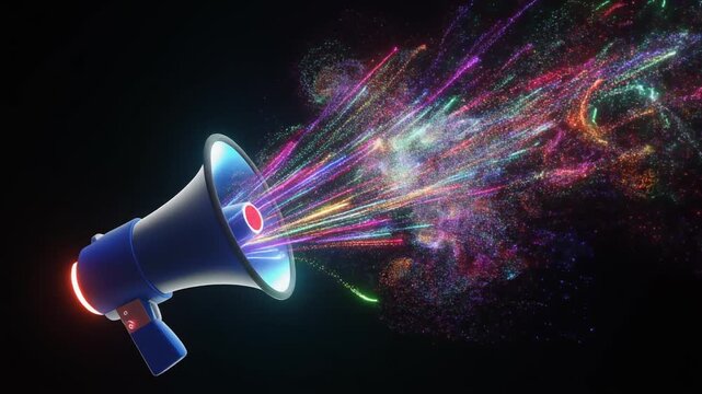 Vibrant Luminous Multicolor Particles Streaming from Megaphone in Dark Space, Dynamic Communication Concept Full HD Animated Background