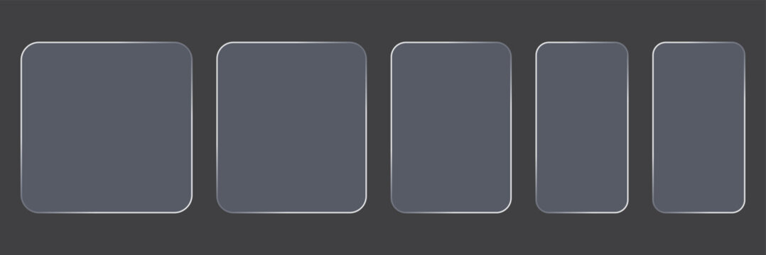 Set of glass elements in different shapes in glassmorphism style. Liquid glass effect PNG. Glass panels with liquid glass effect. Set of glassmorphism frames, transparent frosted glass plates, ui 