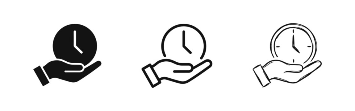 Hand Holding Clock Representing Time Management Icon Set in Three Styles