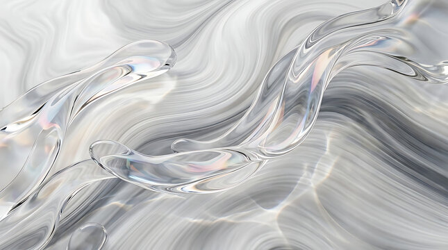 Abstract background featuring translucent liquid glass shapes with elegant flowing curves in a monochrome white and gray gradient palette creating a sophisticated crystal texture design.