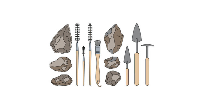 A flat lay of ancient stone tools, including hand axes and scrapers, alongside various brushes, presented on a clean white background.
