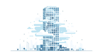 Naklejka premium The modern glass skyscraper stands tall amidst stylized floating clouds in a clean minimalist architectural composition with a cool blue and white monochromatic color scheme.