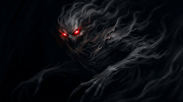 Ethereal specter with fiery red eyes materializing from the abyssal darkness, a chilling apparition