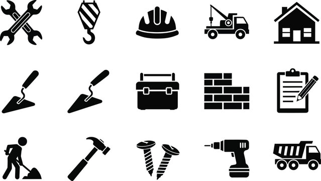 Construction and repair wrenches, crane hook, hard hat, tow truck, house, trowels, toolbox, brick wall, clipboard, shovel, hammer, screws, drill, dump truck