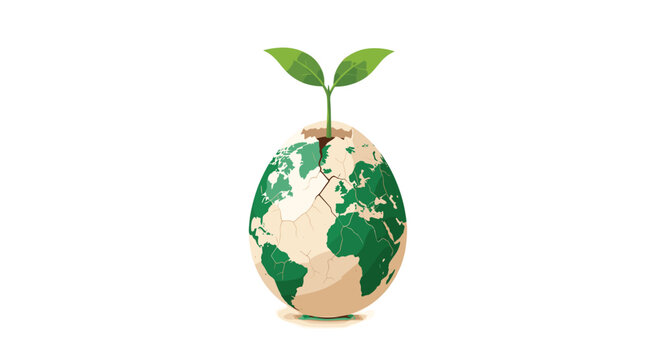 A cracked eggshell shaped like the planet earth supports a small sprouting green plant against a clean white background in this minimalist vector illustration.