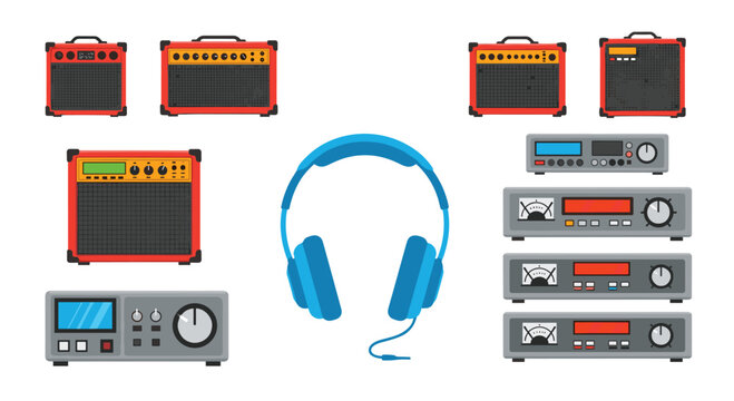 A collection of orange guitar amplifiers and grey professional audio mixing consoles are arranged on a clean white background with flat vector graphic design style.