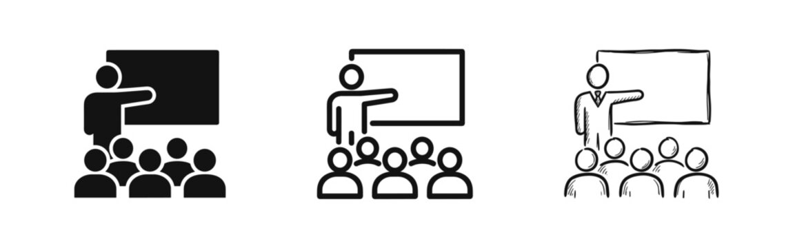 Business presentation and training icon with teacher and students set