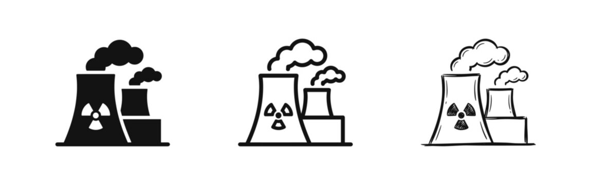 Nuclear power plant icon set representing energy production and environment